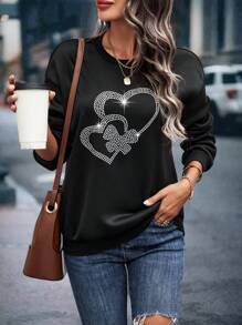 SHEIN LUNE Pha lê Đồ họa Trái tim Thả vai Áo nỉ - màu đen - Xem 1