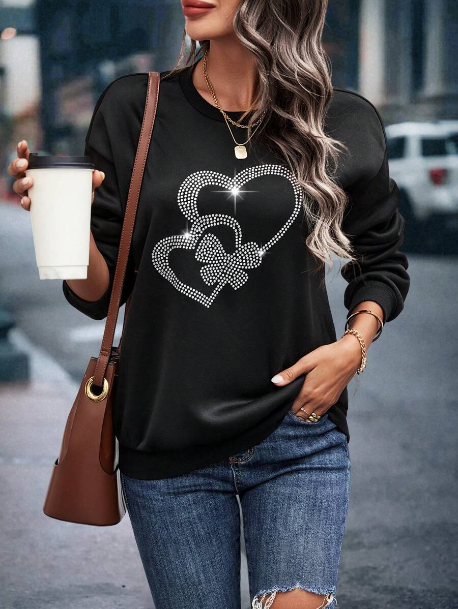 SHEIN LUNE Pha lê Đồ họa Trái tim Thả vai Áo nỉ - màu đen - Xem 1