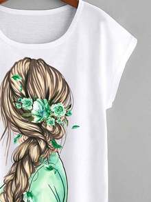 SHEIN LUNE Đồ họa Hình tay cánh Áo thun - màu xanh lá - Xem 3