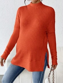 SHEIN Maternity Side Slit Ribbed T-Shirt - Burnt Orange - View 5