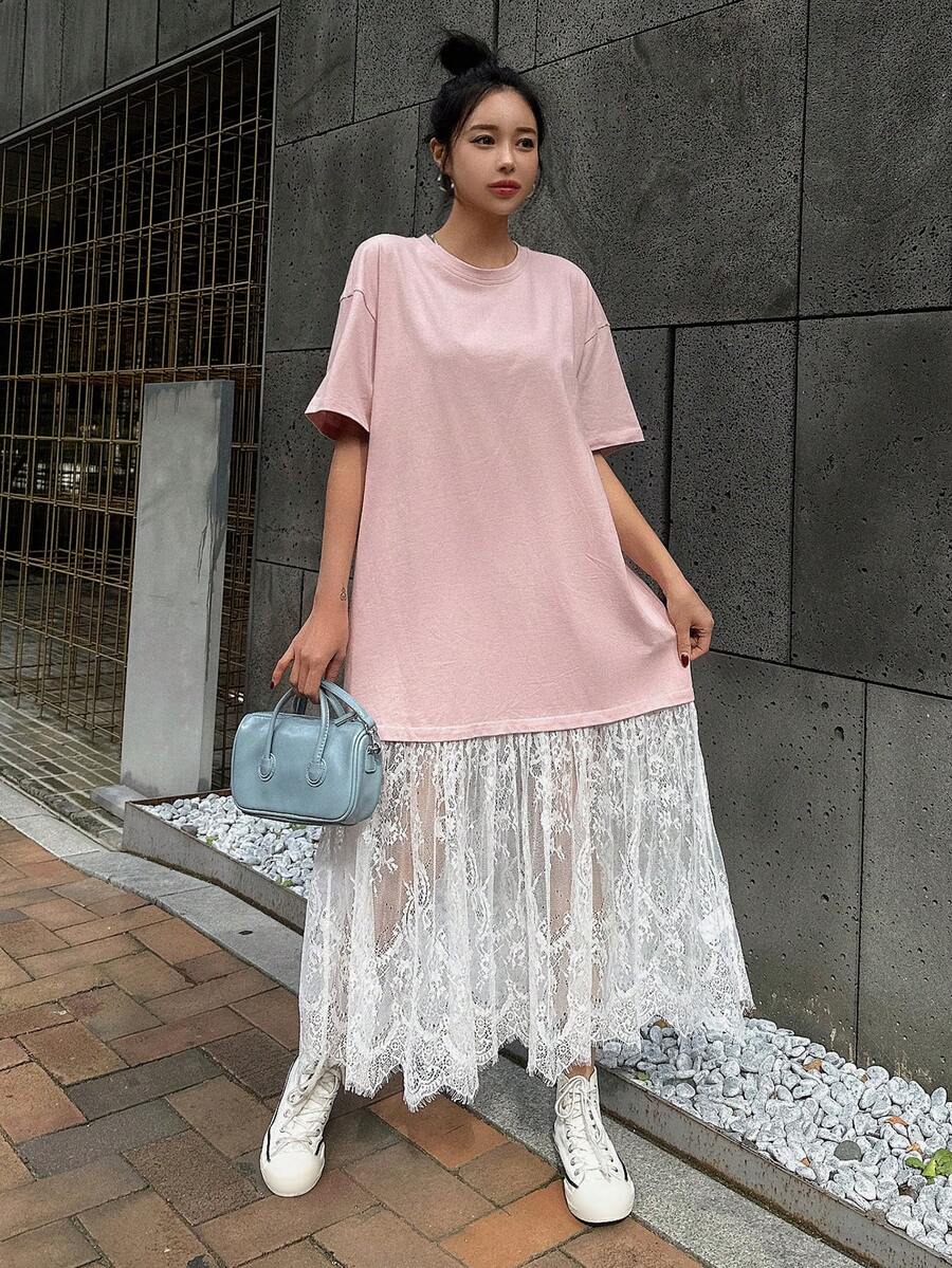 DAZY Ren tương phản Váy thun trễ vai - Bụi hồng - Xem 1