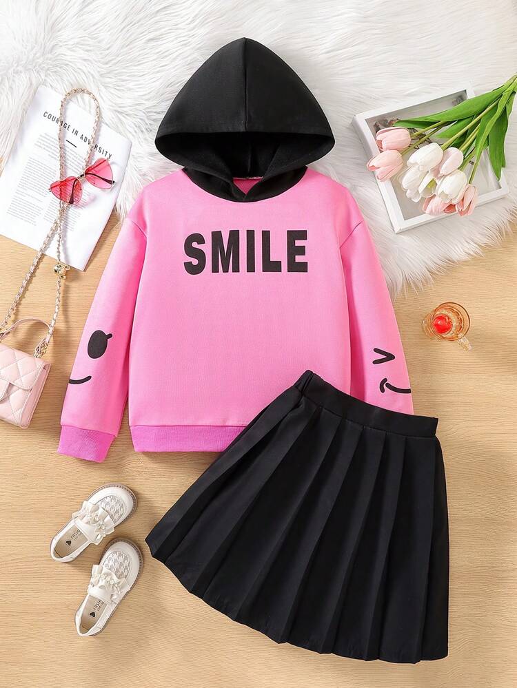 Tween Girl Letter Graphic Colorblock Hoodie & Pleated Skirt