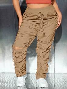 SHEIN SXY Kích thước lớn Của phụ nữ Xếp li & Knotted Quần - Màu Khaki - Xem 3