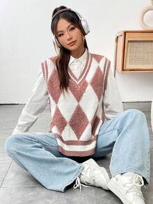 SHEIN Qutie 1入組菱形印花條紋飾邊毛衣背心 - 咖啡棕 - 查看 3