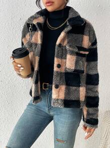 Chiquease 格紋印花落肩袖毛絨夾克 - 卡其色 - 查看 4