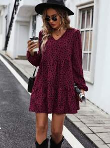 SHEIN VCAY 斑點印花燈籠袖荷葉邊娃娃裙