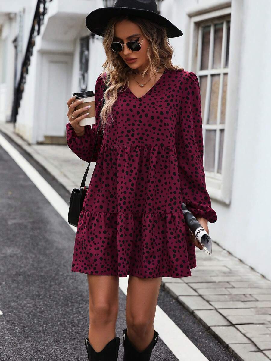 SHEIN VCAY 斑點印花燈籠袖荷葉邊娃娃裙