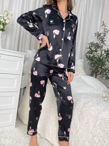 In Chim hồng hạc Contrast Piping Xa ten Bộ PJ - màu đen - Xem 4