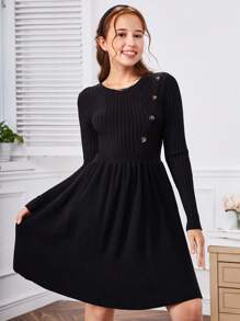 SHEIN Vestido De Jersey De Manga Larga Holgado Con Cuello Redondo Para Adolescentes - Negro - Ver 1