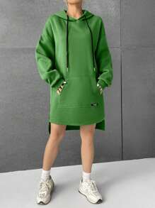 SHEIN EZwear 字母補丁細節袋鼠口袋落肩袖抽繩連帽洋裝 - 綠色 - 查看 3