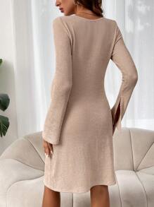 SHEIN Maternity Solid Split Sleeve Dress - Coffee - View 2