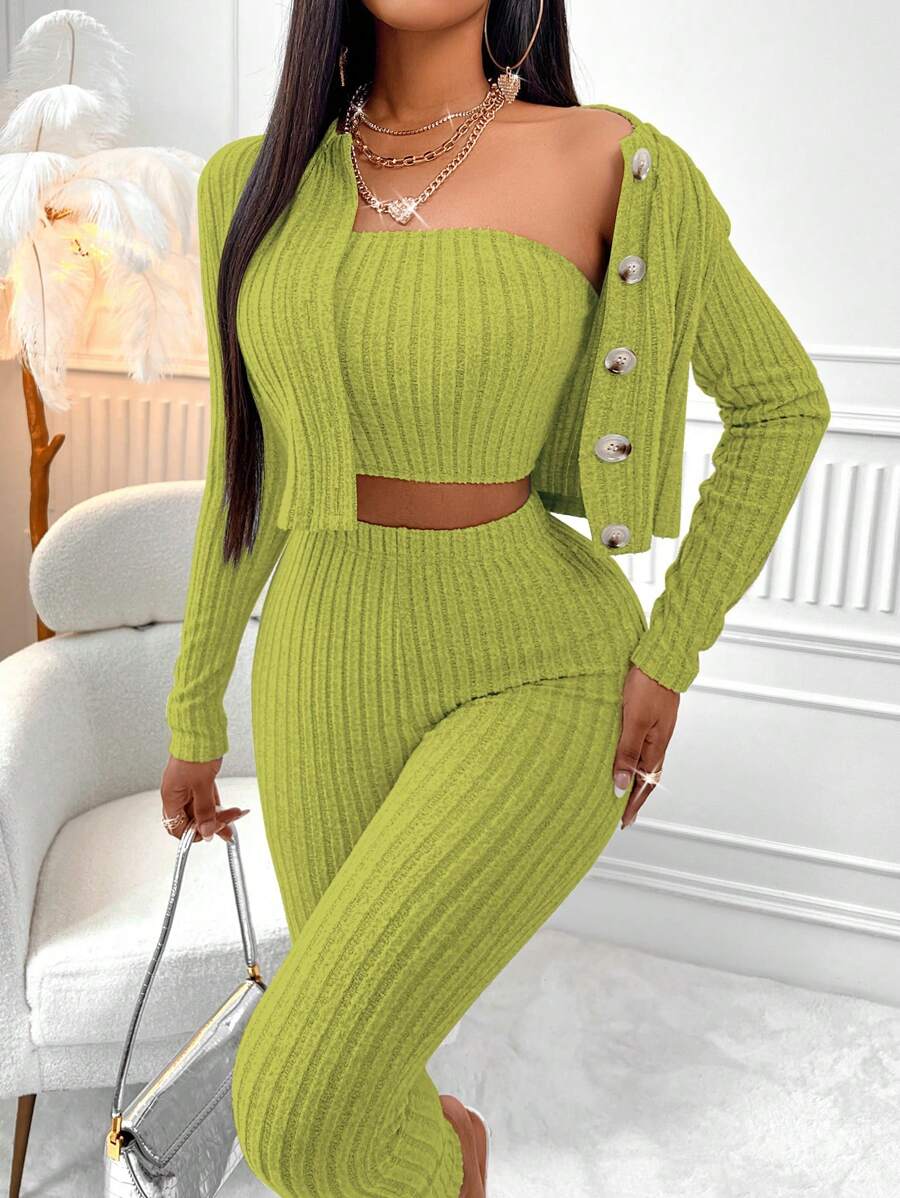 SHEIN Slayr Solid Tube Top & Button Front Coat & Pants - Mint Green - View 1