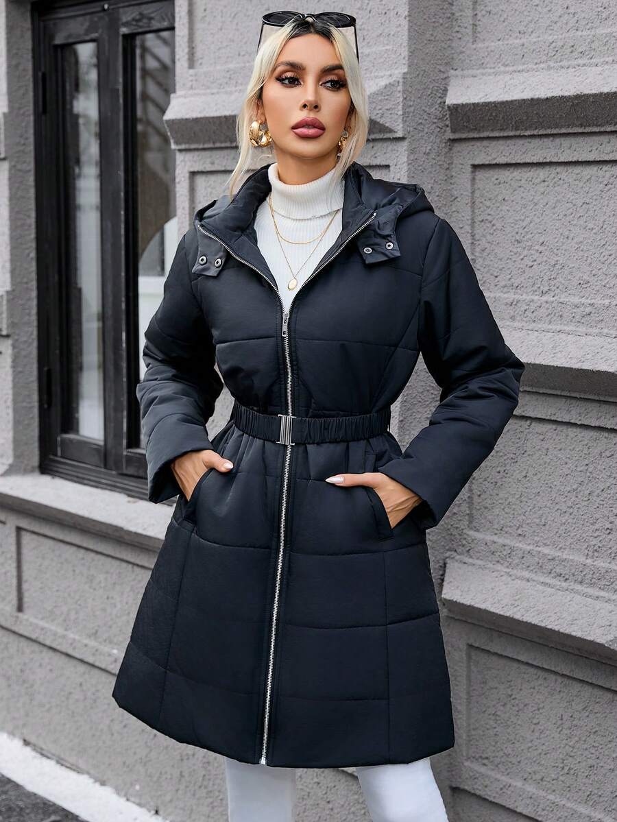 SHEIN Privé Áo khoác có mũ trùm đầu có đệm kéo khóa kèm thắt lưng - màu đen - Xem 1