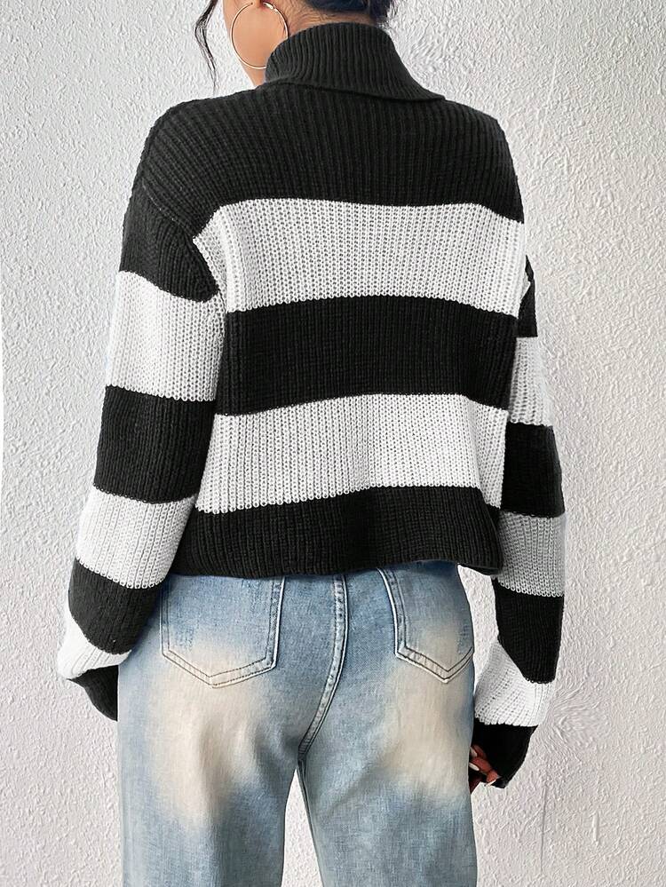 Women's Casual High Neck Color Block Striped Drop Shoulder Knit Pullover Fall Winter Sweater