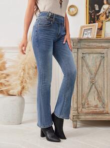 SHEIN LUNE 拉鏈門襟紐扣細節高腰牛仔喇叭褲 - 中等水洗藍 - 查看 3