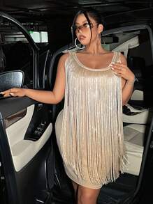 Flirla Plus Fringe Trim Tank Dress - Apricot - View 4