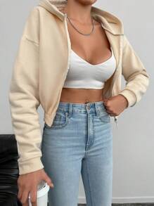 Cottnline Áo hoodie trễ vai có khóa kéo chắc chắn - Màu be - Xem 5