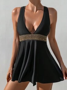 SHEIN Swim Summer Stitch Detail Dress Swimwear - Black - View 1