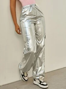 Rave Metallic Holographic Flap Pocket Side Drawstring Waist Wide Leg Cargo Parachute Pants - Silver - View 3