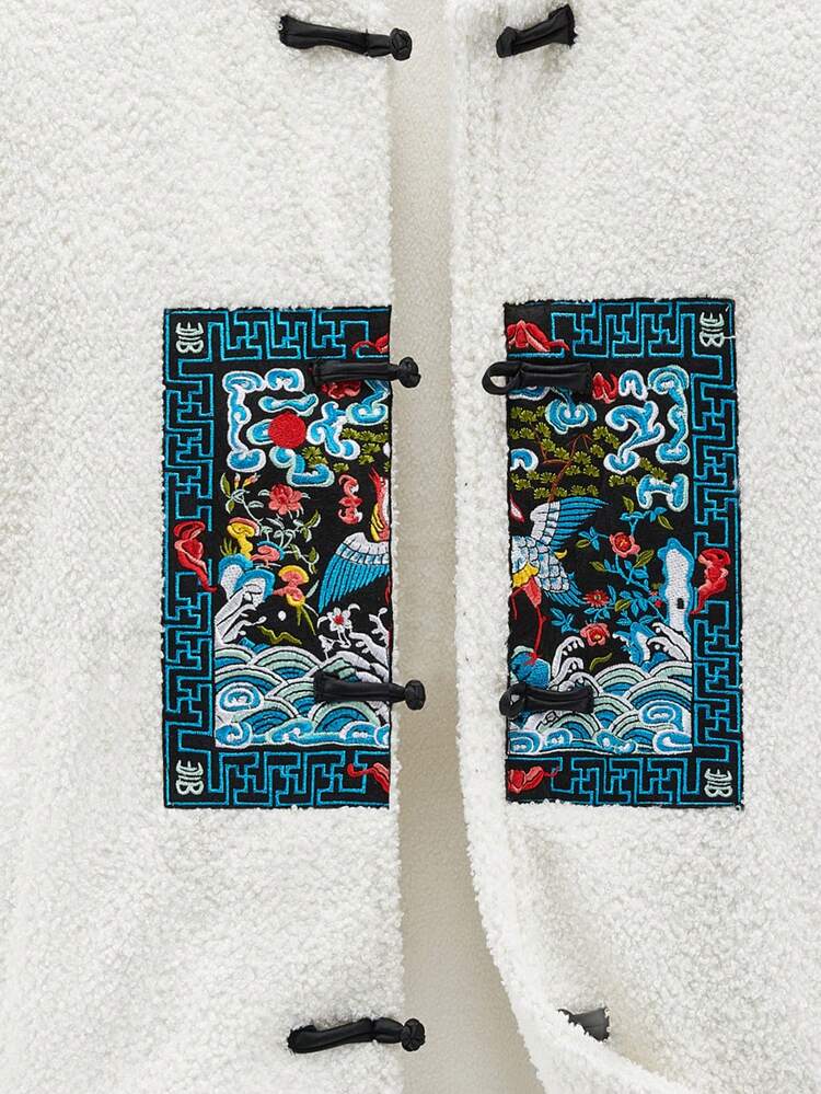 Loose Fit Men's Floral Embroidered Drop Shoulder Teddy Jacket