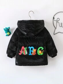 Baby Boy Letter Graphic Hooded Padded Coat Without Sweater - Black - View 2
