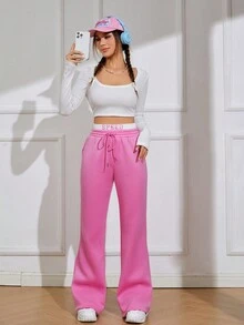 SHEIN EZwear Women's Drawstring Waist Flared Pants - Multicolor - View 4