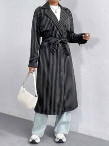 SHEIN Unity Striped Print Belted Trench Coat - Black and White - View 2