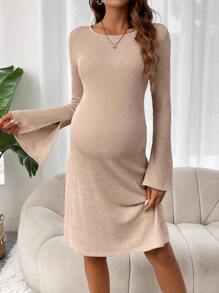SHEIN Maternity Solid Split Sleeve Dress - Coffee - View 1