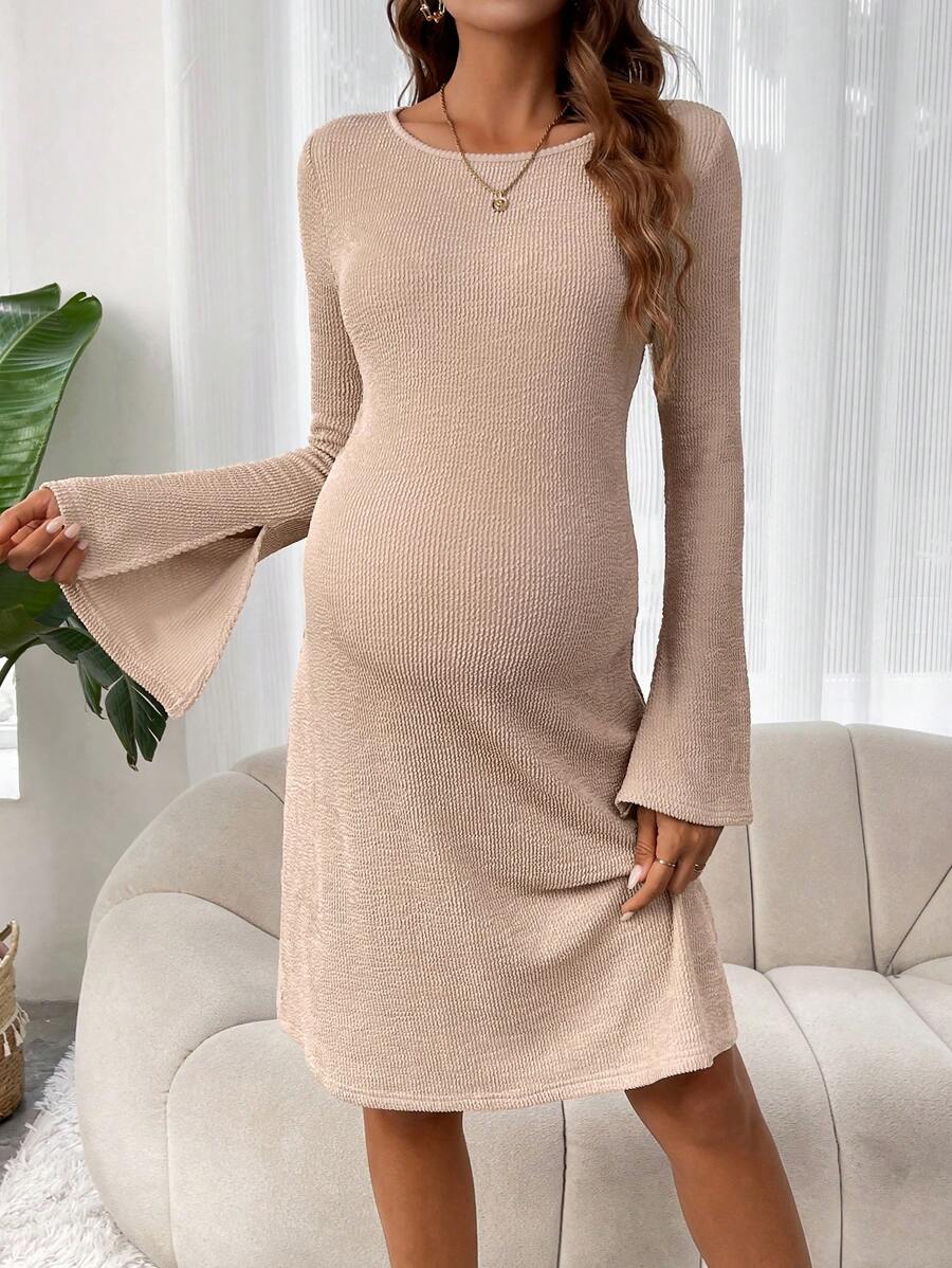 SHEIN Maternity Solid Split Sleeve Dress - Coffee - View 1
