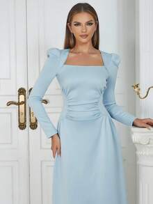 Square Neck Puff Sleeve Ruched Dress - Baby Blue - View 3