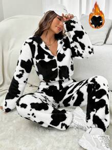 SHEIN EZwear Cow Pattern Hooded Teddy Jacket & Pants - Black and White - View 1