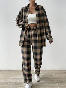 SHEIN Essnce 格紋襯衫和褲子套裝 - 彩色 - 查看 5