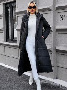 SHEIN Privé Slant Pocket Hooded Padded Coat - Black - View 6