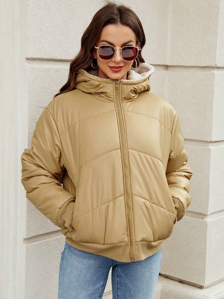 Zip Up Teddy Lined Hooded Padded Padded Coat Clothes Winter Fall Cloth For Women