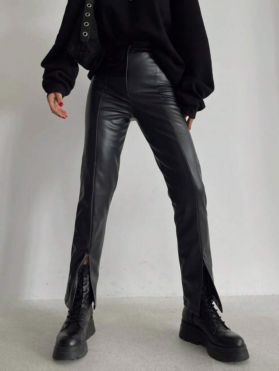 EURMUSE Split Hem PU Leather Pants - Black - View 1