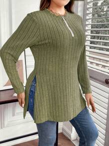 Celure Plus Half Zip Ribbed Knit Tee - Green - View 3