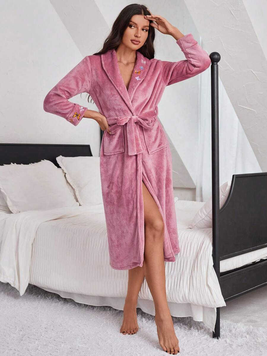 女士蝴蝶刺繡披肩&腰帶&浴衣套裝,家居穿著 - 粉色 - 查看 1