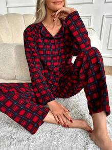 RueChic 女式紅色格紋長袖長褲睡衣套裝 - 紅色 - 查看 1