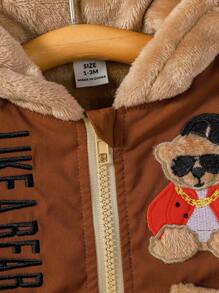 SHEIN 男嬰字母&小熊印花毛絨內襯連帽外套 - 棕色 - 查看 6