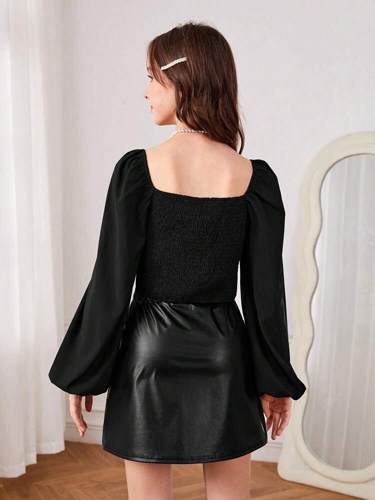 2pcs/Set Teen Girls' Sweetheart Collar Long Sleeve Shirt And Double Chain Decorated Pu Skirt