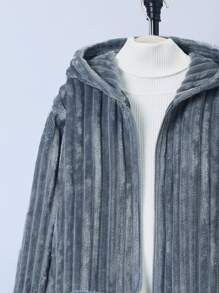 SHEIN Tween Boy Open Front Hooded Fleece Coat Without Sweater - Grey - View 5