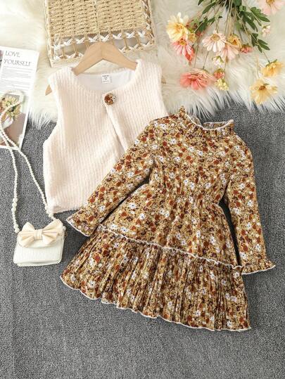 SHEIN 女小童碎花荷葉袖洋裝&夾克背心