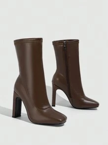 女性粗高跟鞋側拉鍊方頭及膝靴冬天皮革靴子 - 咖啡棕 - 查看 5