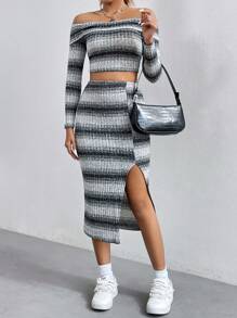 SHEIN Unity 一字肩短款T恤&高衩半身裙 - 灰色 - 查看 1