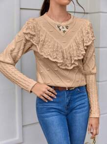 SHEIN Frenchy Ren tương phản Viền Ruffle Áo len - Màu Khaki - Xem 3