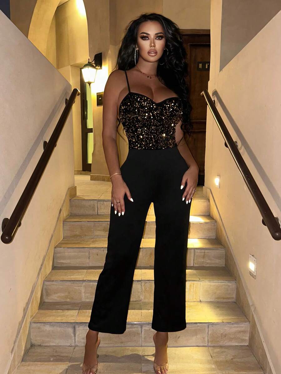 Allurite 亮片拼接吊帶連體褲 - 黑色 - 查看 1