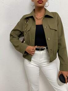 SHEIN LUNE Túi có nắp Thả vai Nút phía trước Áo khoác - xanh quân đội - Xem 3