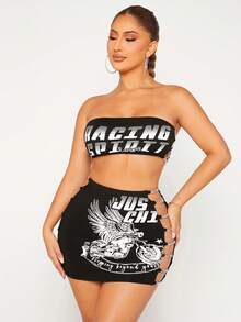 SHEIN SXY 字母圖案抹胸上衣&側邊鏤空半身裙 - 黑與白 - 查看 4