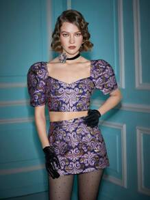 Alice McCall Designer Boho Bohemian Allover Print Puff Sleeve Crop Top, For Summer, Holiday, Vacation, Going Out, Festival, Ibiza Fits - Multicolor - View 1