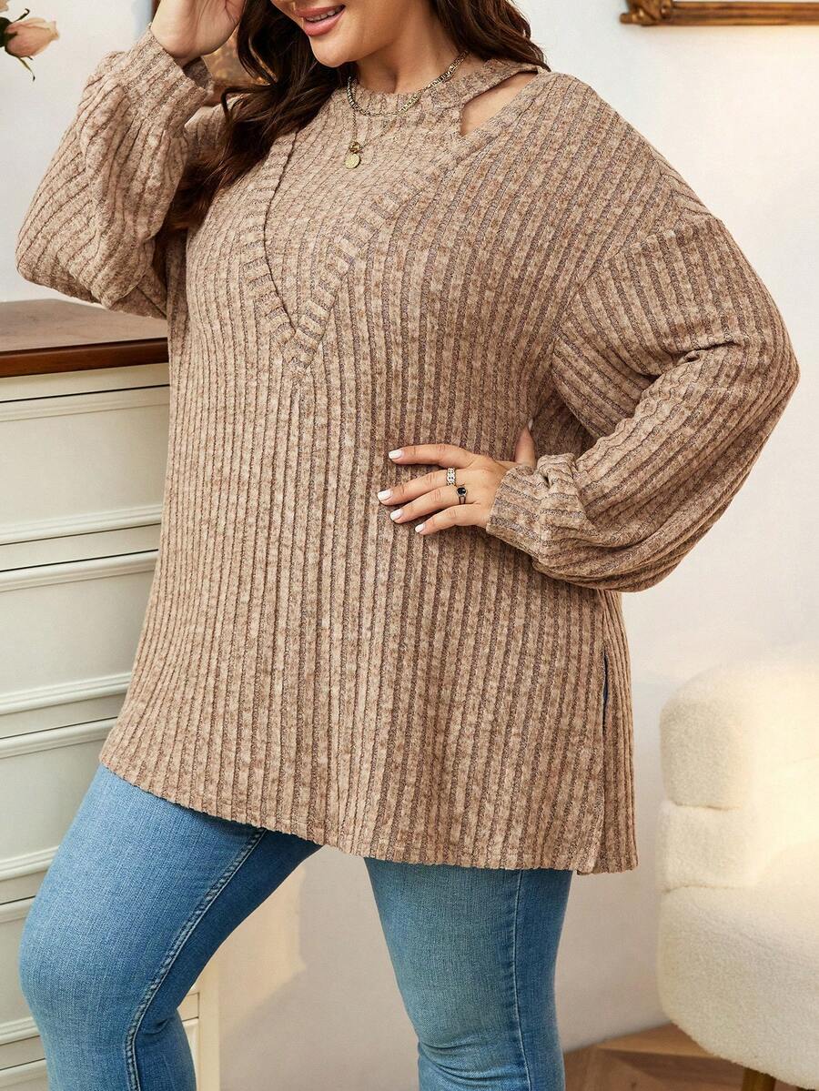 Calvaya Plus Cut Out Neck Drop Shoulder Split Hem Tee - Brown - View 1